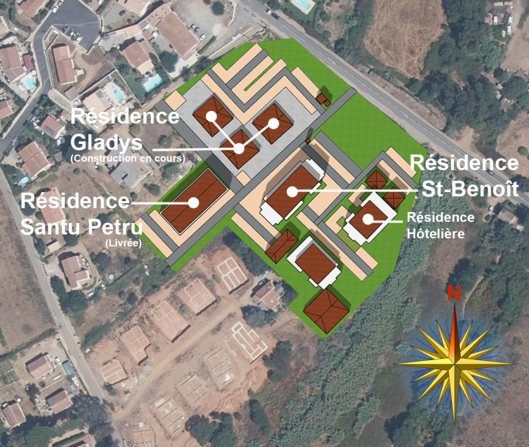 Plan de site montrant plusieurs résidences et la direction nord.