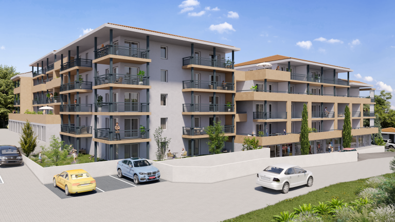 Immeuble moderne avec balcons et stationnement, entouré de verdure.